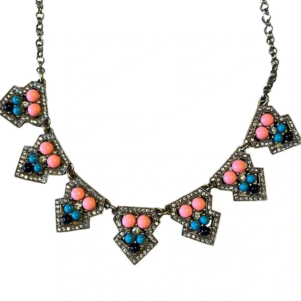 J Crew Antique Look Statement Bib Necklace Gold Peach Blue Rhinestones
